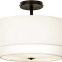 16" Dual Drum 3-Light Semi Flush Mount Ceiling Light, White Classic Fabric Linen Shade Design for Living Room, Bedroom, Kitchen, Dining Room, Hallway and Entryway (Black)