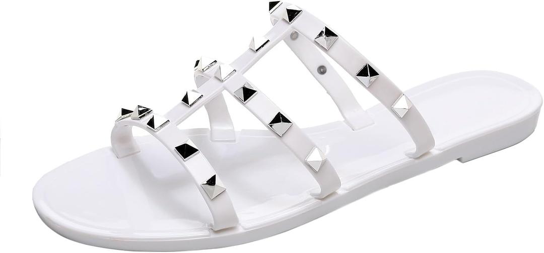 Women Flats Sandals, Studded Jelly Shoes Size 9 Red Dressy Summer Beach Rivets Strappy Jellies Slide Slip On Open Toes (8, White)