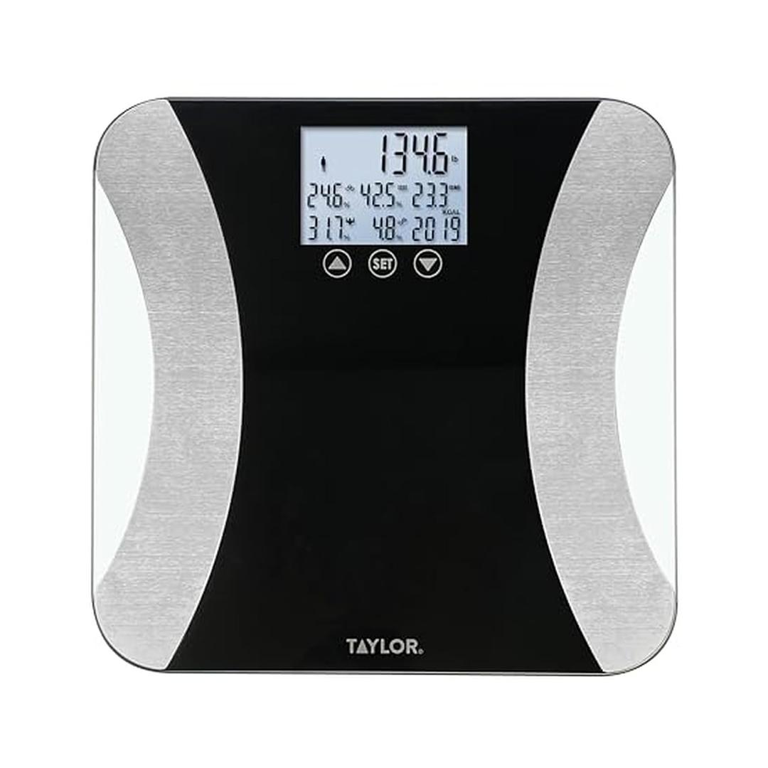 Taylor Digital Glass Body Composition Scale - Measures Body Fat, Water, Muscle Mass - Athlete Mode, 8-User Recognition, 500 lb Capacity, Black