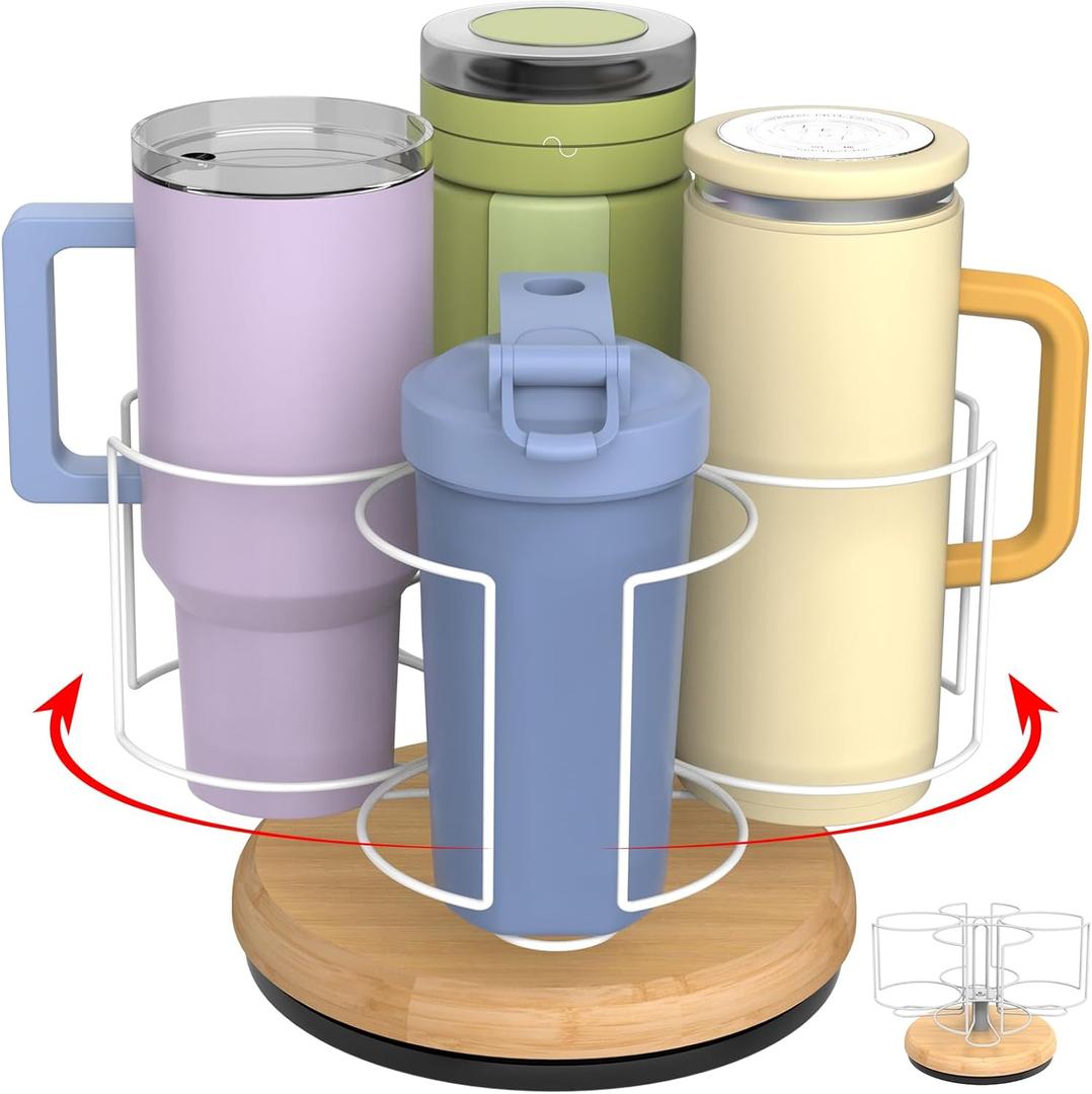 Stanley Cup Organizer Holder for 20-40 oz Tumblers, Rotating Wood Base Tumbler Holder with Bottom Bracket, Heavy-Duty Water Bottle Storage Rack for Kitchen Cabinet (4 Slots, White)
