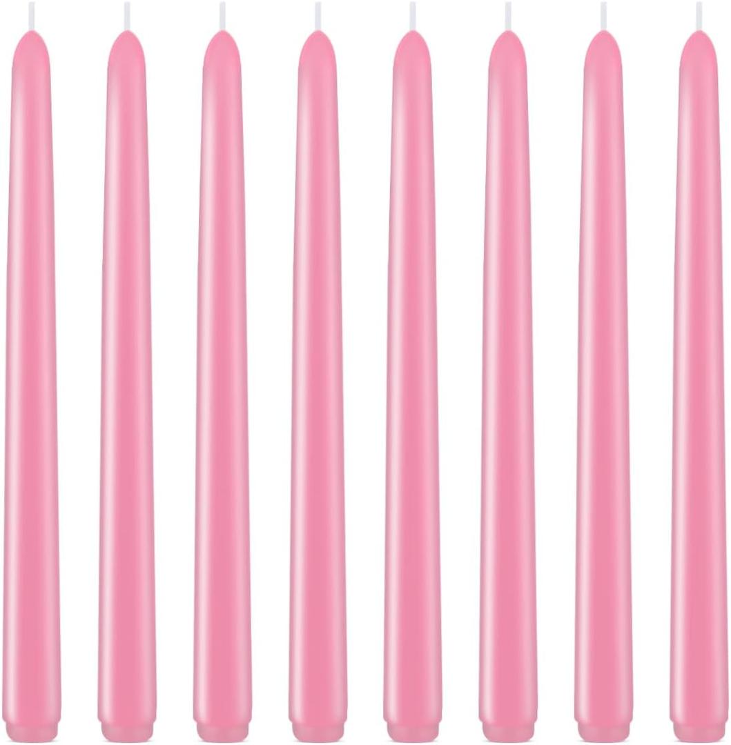 Set of 8 10 Inch Tall Pink Taper Candles, Dripless Unscented Decorative Colored Skinny 0.76 Inch Wide Candlesticks for Home Party Dinner Table Decoration