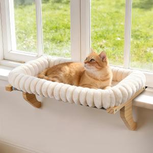 Zoratoo Cloud-Cuddle Cat Perch for Window Sill with Bolster, Natural Wood & Metal Frame Cat Window Seat for Large Cats, Easy to Adjust Zipper Cushion Pet Bed for Windowsill (Medium)