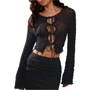GORGLITTER Women's Tie Front Mesh Long Sleeve Tops Textured Sexy Going Out Crop Top (Black) S