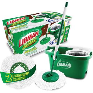Libman Tornado Spin Mop System with 2 Refill Heads, Microfiber Spinning Mop and Bucket with Wringer Set for Home, Floor Cleaning of Hard-Wood, Laminate, Tile, All Surface Cleaner, 3 Total Mop Heads