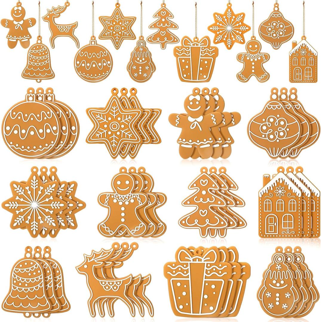 Yookeer 36 Pcs Christmas Tree Ornaments Gingerbread Theme Christmas Hanging Decorations Silicone Winter Hanging Decorations Large House Shaped Xmas Tree Cookie Decor for Holiday Party