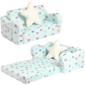 MOMCAYWEX Extra Wider Seating Toddler Couch, 2-in-1 Toddler Soft Couch Fold Out with Star Pillow, Convertible Sofa to Lounger for Girls and Boys