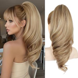Clip On Ponytails Extension with Claw Clip Pony Tails Hair Extensions, 18" Hair Ponytail Extension 2-In-1 Drawstring & Claw Clip Ponytail for a Trendy Look, Strong Grip Clip for All-Day Wear, No Slip (Brown with Blonde Highlights)