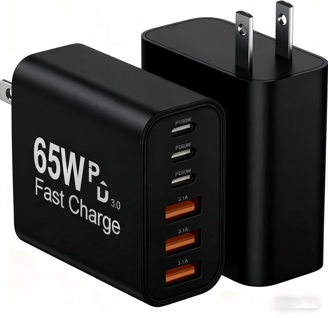 USB C Charger Block, 2-Pack 65W 6-Port USB C Wall Charger iPhone Charger Fast Charging PD Power Adapter+QC Wall Plug Multiport Type C Brick Chargers for iPhone 17 16 15 14 13 12 11 Pro Max XSBlack