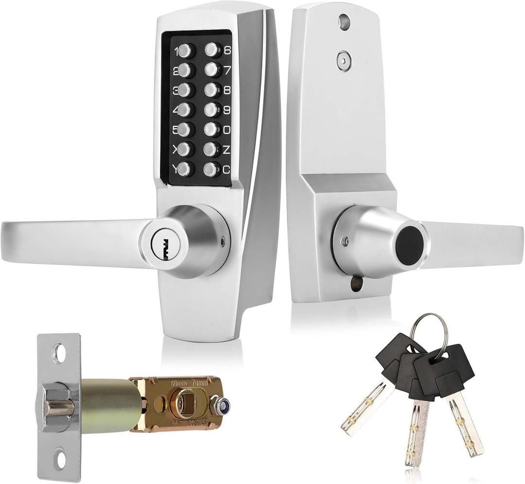 New Upgrade Mechanical Door Lock with Handle,Mechanical Push Button Lever Lock,Stainless Steel Mechanical Keyless Entry Door Lock with Key,Upgrade Adjustable Deadlatch 2-3/8'' and 2-3/4'' (Silver)