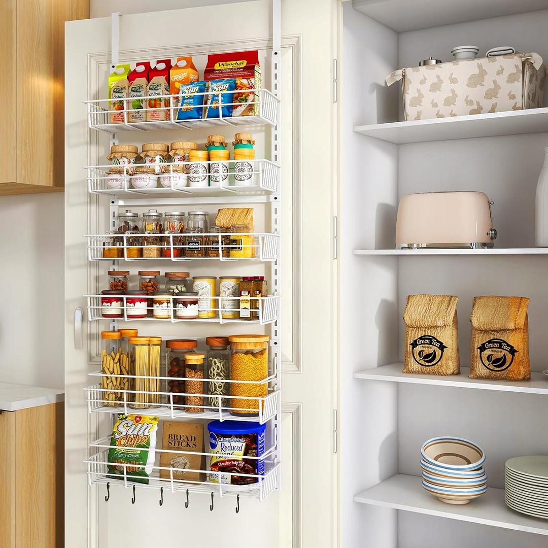 Over The Door Pantry Organizer, Wall Mount Spice Rack, Pantry Hanging Storage and Organization, 6 Adjustable Baskets Heavy-Duty Metal for Home & Kitchen, Back of Door Seasoning Rack - White (6-Tier)