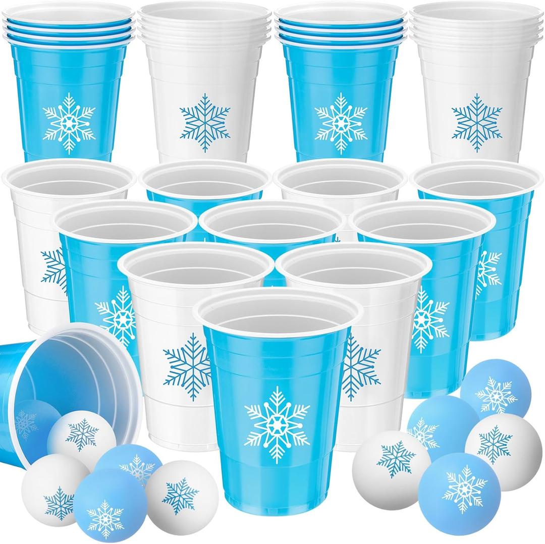 Chuangdi 30 Pieces Winter Party Game Set 16 oz Blue White Snowflake Plastic Cups with 8 Pcs Balls Reusable Winter Cups for Adults Holiday Birthday Party Game Decorations Supplies