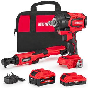 Alloyman 20v 3/8'' Cordless Ratchet Wrench 44 ft-lbs (60 Nm) and 1/2'' Brushless Impact Wrench 516 ft-lbs(700 Nm) Combo Set, with Variable Speed, LED Light, 4.0Ah &2.0Ah Battery, Charger