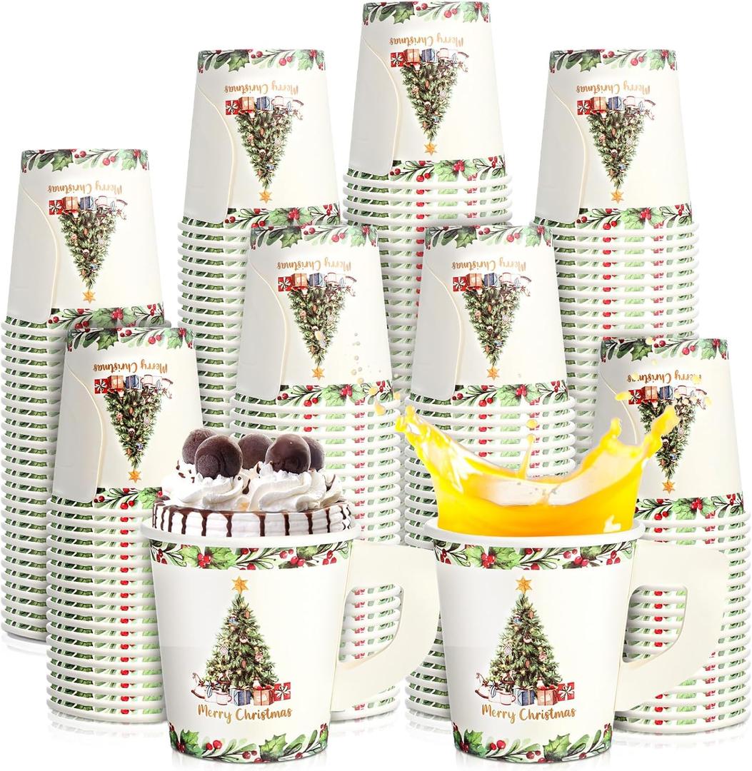 Maxcheck 100 Pieces Christmas Espresso Paper Cups with Handle 7oz Drinking Xmas Christmas Tree Disposable Tea Cups Hot Chocolate Cups Bar Accessories for Christmas Party Decoration