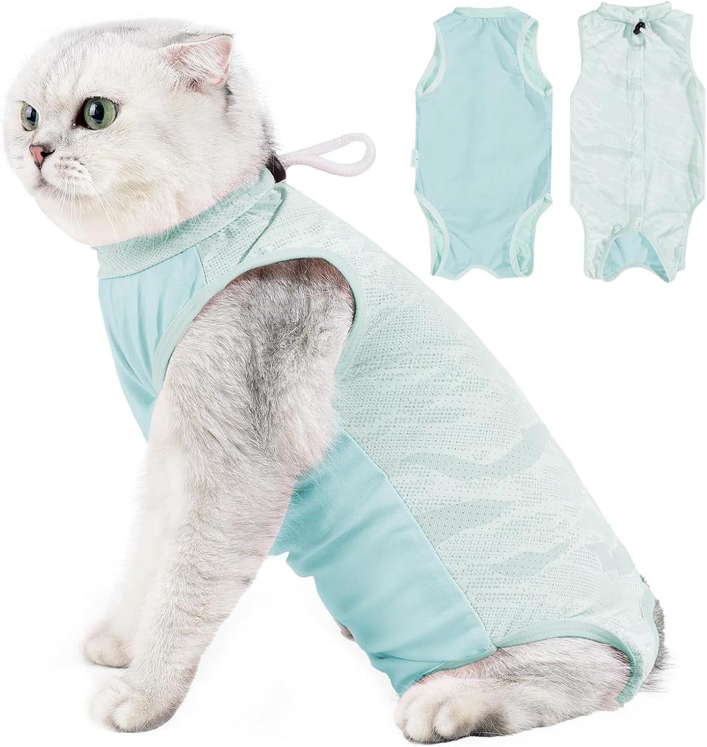 Cat Recovery Suit Breathable Post-Surgery Onesie for Male & Female Spay/Neuter, Light Green, M