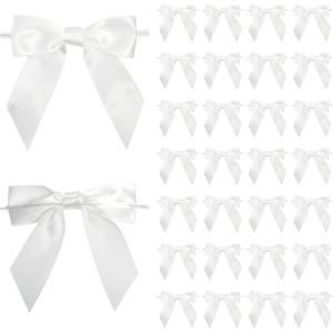 White Satin Ribbon Twist Tie Bows 5 Inch Pre-Tied White Gift Bows for Crafts, Treat Bags, Party Favors, Wedding, Baby Shower, Candy Apple, Christmas Tree (36 Pack)
