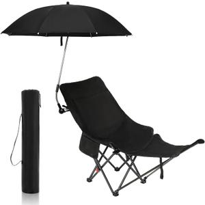 Lineshading 2 Pcs Reclining Beach Camping Chair and Adjustable Umbrella Sets, 2 in 1 Portable Folding Lightweight Lounge Chair with Foot Rest and Storage Bag for Outdoor Summer Beach Patio, 31.9"x59"