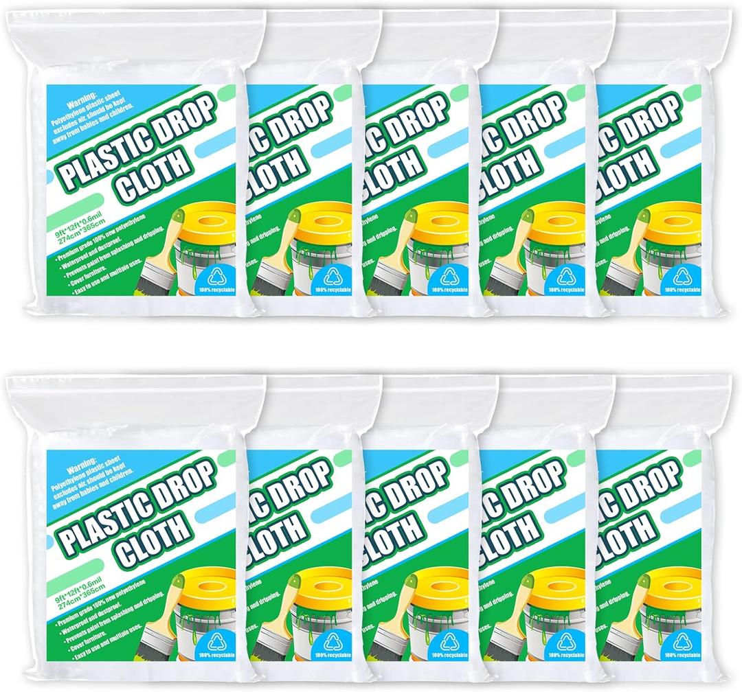 10 Pieces Plastic Drop Sheets for Painting, Plastic sheeting Waterproof Dust-Proof Clear Cloth for Furniture Cover, 9x12 Feet Tarps