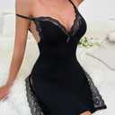 CHICME Women's Lace Trim Side Slit Modal Cami Sleep Dress Loungewear Cute Night Gowns for Women Black-XXL
