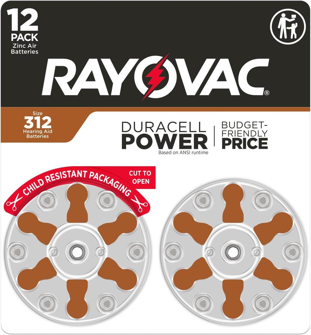 RAYOVAC Size 312 Hearing Aid Batteries (12 Pack), Size 312 Batteries (Brown Tab)