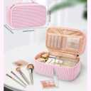 Relavel Cute Makeup Bag for Girls, Portable Pink Cosmetic Bag, Dual-layer Makeup Pouch with Brush Holder, Multi-Functional Preppy Toiletry Organizer for Travel, Daily Use - Pink Strip