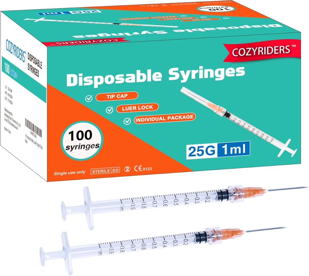 1ml , 100 Pack, 25G 1 inch Syringes with Needle, Needle Luer Lock Syringe, Individually Sealed Package for Scientific Labs, Feeding Small Animals, Dispensing, Applicator, Watering
