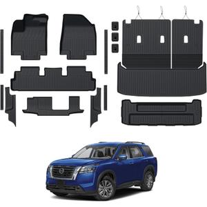 Floor Mats for Nissan Pathfinder 2022-2025 2026, All Weather Floor Mats Trunk Cargo Liner with Backrest Protectors and Door Sill Guards Accessories, Full Coverage Set (Fit 7/8 Seats)
