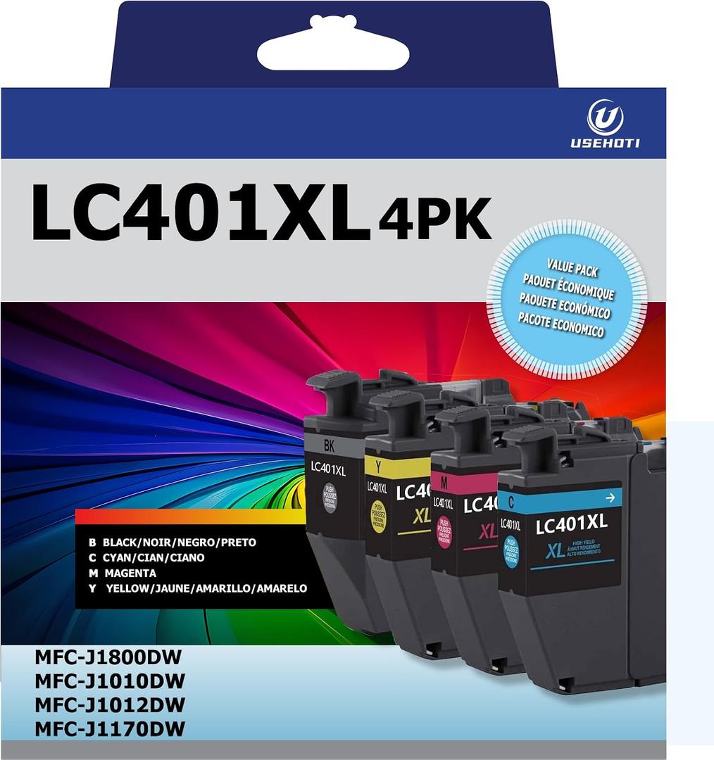 LC401XL Ink Cartridges Compatible for Brother LC401 LC401XL High Yield Work with Brother MFC-J1010DW MFC-J1012DW MFC-J1800DW MFC-J1170DW Printer (Black Cyan Magenta Yellow, 4XL Pack)