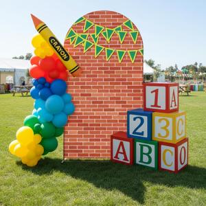 VitalCozy 7.2ft Sesame Arch Backdrop Cover Red Brick Photography Backdrops with Colorful Flags Spandex Fitted Arch Stand Covers for Sesame Theme Party Kid Birthday Supplies