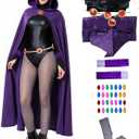 6PCS Raven Cosplay Costume Women's Halloween Raven Cosplay with Cape Belt Jumpsuit Tights Purple Uniform Suit (X-Large)