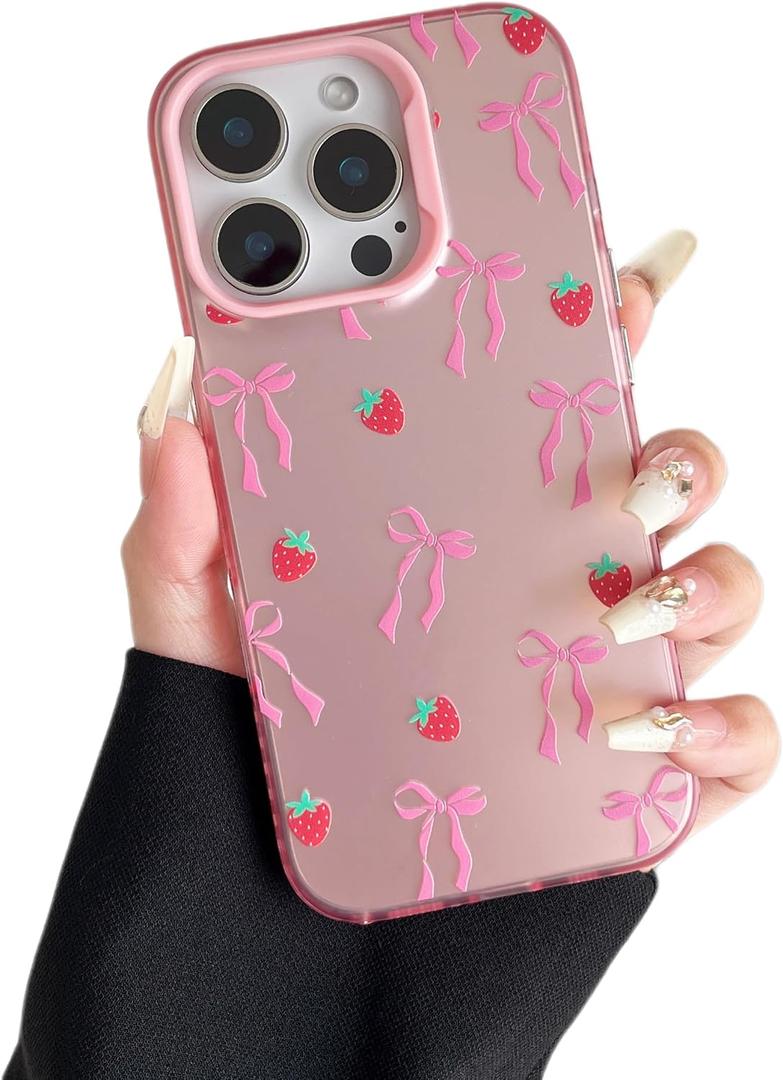 ZTOFERA for iPhone 14 Pro Case,Cute Pink Ribbon Bow Tie Planet Star Floral Aesthetic Phone Case,Trendy Slim Hard IMD Shockproof Protective Bumper Phone Cover for Women Girls,Strawberry