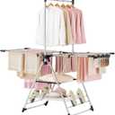APEXCHASER Clothes Drying Rack with High Hanger, Foldable 3-Level Drying Racks with Shoe Rack, Crossbar and Vertical Rod Laundry Stand with Adjustable Wings Silver