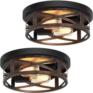 ZHU YAN 2 Pack Flush Mount Ceiling Light,Farmhouse Hallway Lighting Fixtures, Industrial Light Fixtures Ceiling Mount for Kitchen, Entryway, Bedroom, E26 Base (10in-Rustic Black)