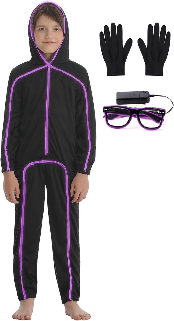 Stick Figure Costume Kids Stickman Jumpsuit with Light up Glasses Halloween Glow in the Dark Outfits for Boys Girls (X-Small/Height:38"-41", Purple)