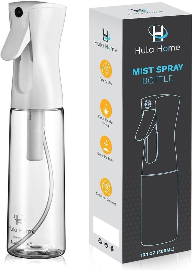 Hula Home Spray Bottle for Hair (10.1oz/300ml) - Powered by Flairosol Spray Technology - Continuous Ultra Fine Mist Sprayer  For Hairstyling, Cleaning, Salons, Plants, Essential Oil & More - White