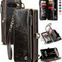 Defencase for Google Pixel 10/Pro Case, RFID Blocking Wallet Case for Pixel 10 & 10 Pro Soft PU Leather Magnetic Snap Flip Zipper Strap Card Holder Phone Cases for Women Men, Coffee