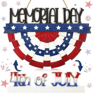 Berlune 4th of July Decorations Patriotic Door Sign Wooden Memorial Day Wreath Red White Blue American Flag Door Hanger Independence Day Decor for Front Porch Wall Home Outdoor(Vivid)