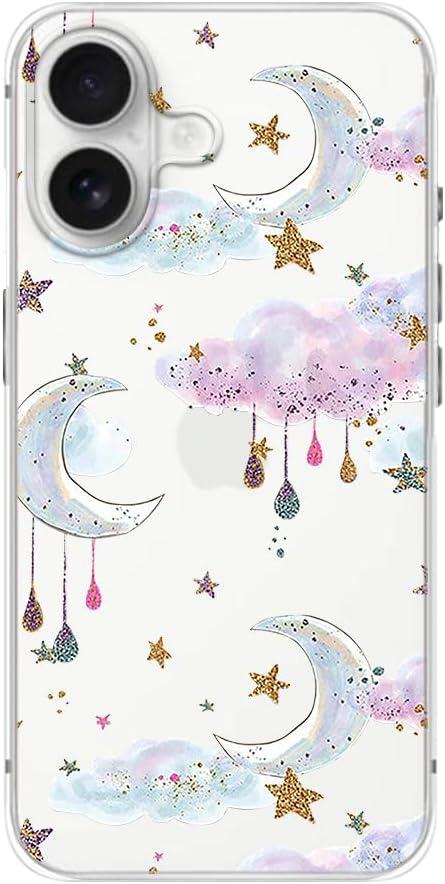 FancyCase Compatible with iPhone 16 Case (6.1inch)-Cute Dreamy Clouds Moon Stars Pattern Flexible TPU Protective Clear Case (Dreamy Style)