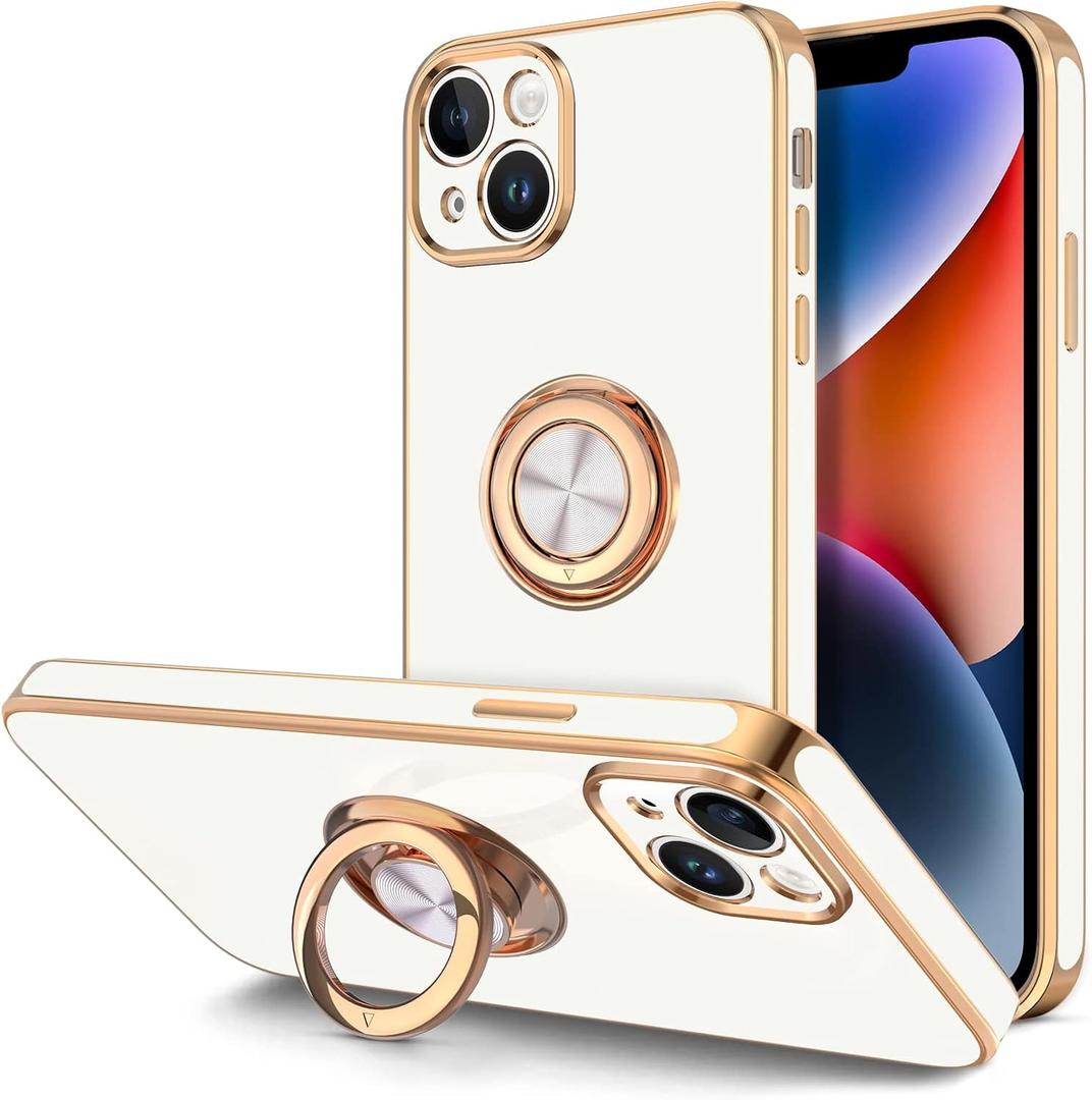 Hython for iPhone 14 Plus Case with Ring Stand [360 Rotatable Ring Holder Magnetic Kickstand] [Support Car Mount] Plated Gold Edge Soft TPU Luxury Shockproof Protective Phone Case Cover, White