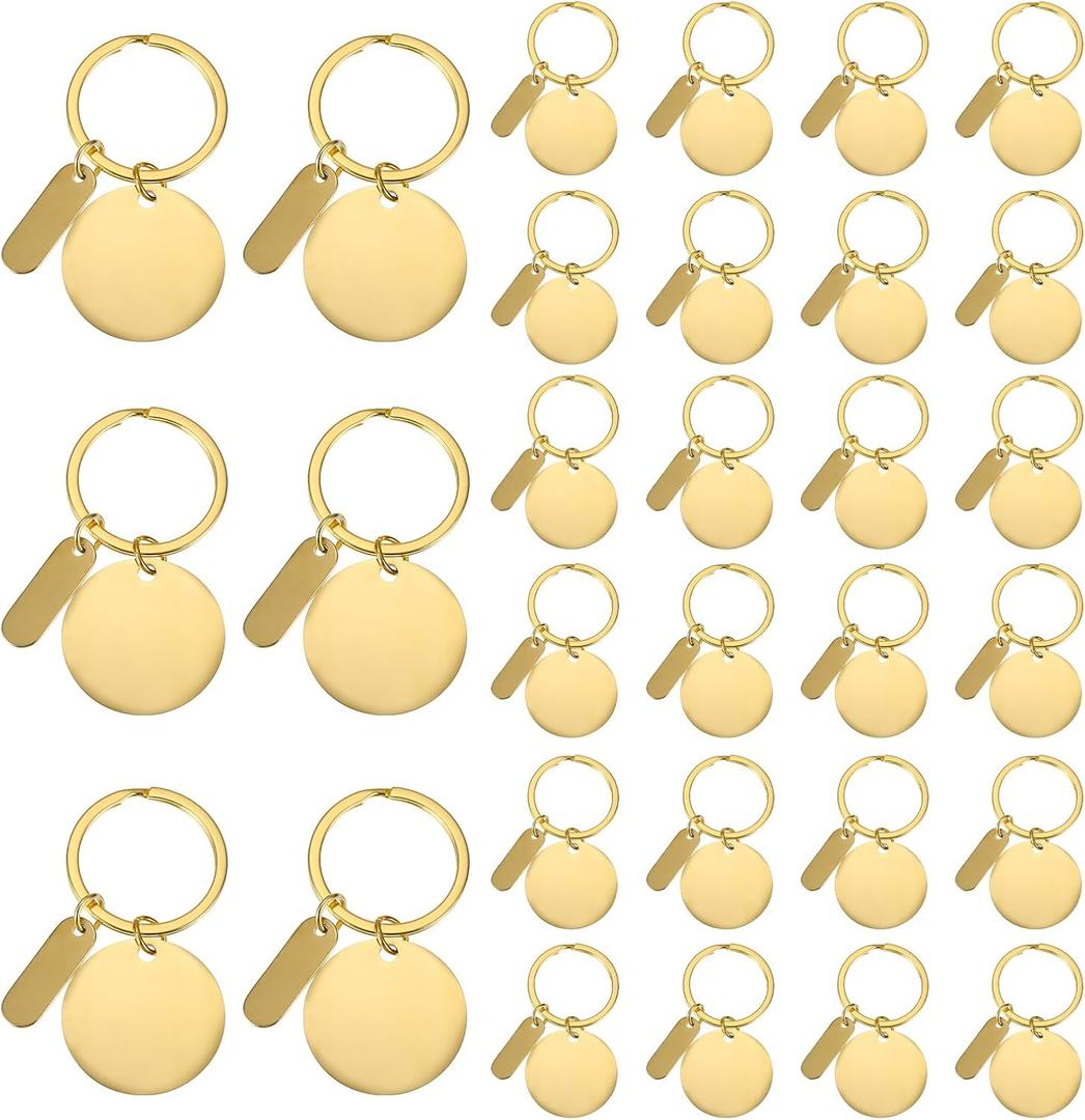 PATIKIL Stainless Steel Engraving Keychain Blanks, 30Pcs Metal Laser Engravable Stamping Blanks Key Ring Tags with Hanging Tag for DIY Keychain, Craft, Gold Tone(Round)