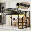 Queen Loft Bed with Desk and Charging Station, Queen Size Metal Loft Bed