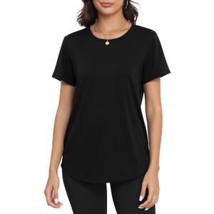 PRIMODA Womens Loose Fit Shirts Casual Short Sleeve Summer Flowy Tunic Tops Plain Long T Shirts (XX-Large, Black)