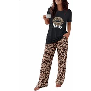 CHICME 2 Pieces Outfit Short Sleeve Top and Elastic Waist Pants Set Casual Leopard Print Pajamas Set-bk-L