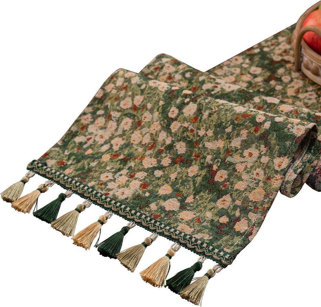 Floral Spring Summer Table Runner for Living Room Jacquard Flower Dining Table Runner with Tassels Modern Decorative Elegant Natural Coffee Table Runners Daisy 13 x 86 Inch Green