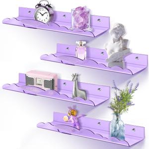 Rainbow Acrylic Floating Shelves, 15in Kids Wall Mounted Nursery Bookshelves, Display Ledge for Books Toys Cosmetic Storage, Bathroom Bedroom Living Room Wall Organizer, 4 Pack, Purple