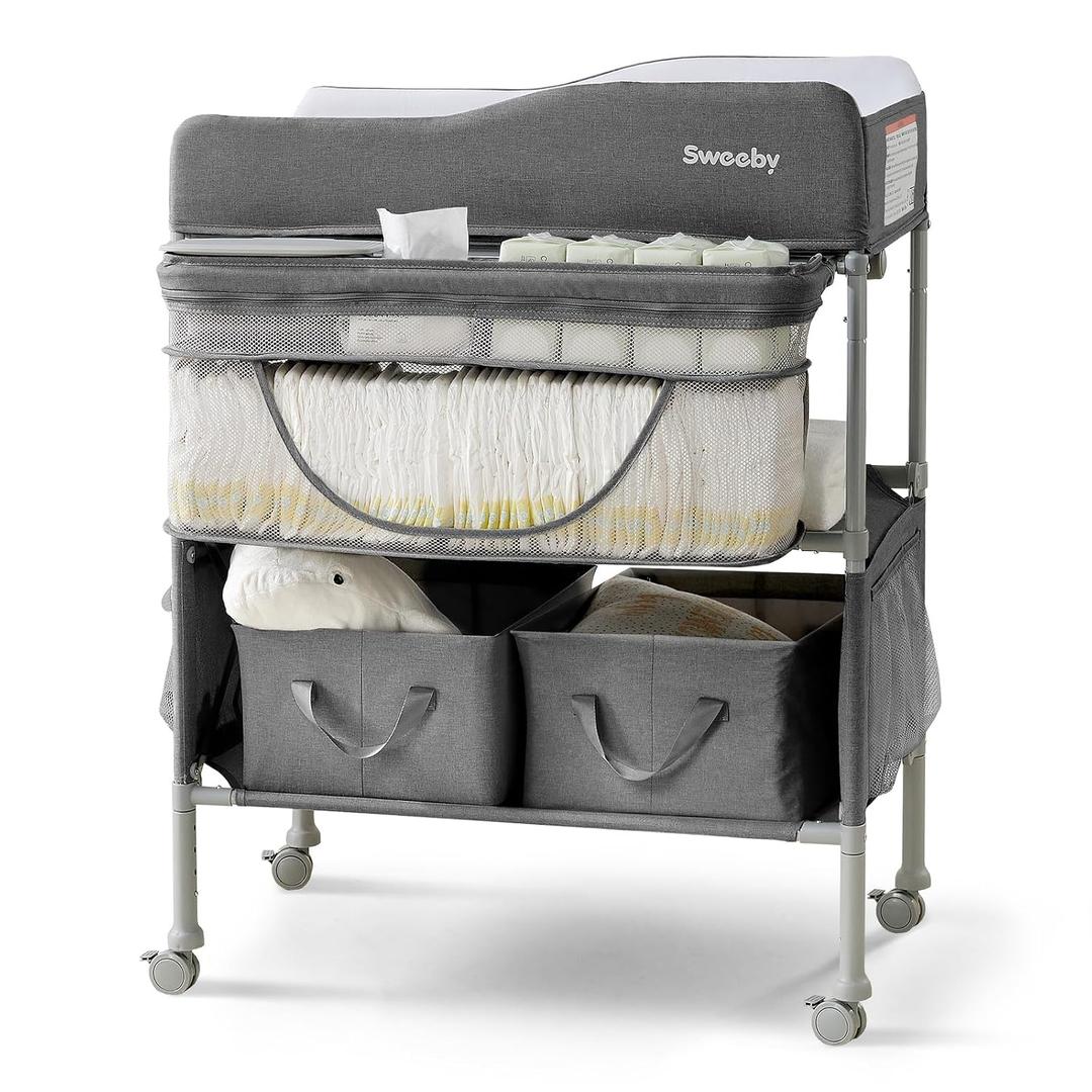 Sweeby Portable Baby Changing Table, Foldable Changing Table Dresser Changing Station for Infant, Waterproof Diaper Changing Table Pad Topper, Mobile Nursery Organizer for Newborn Essentials, Dark grey, safely supports up to 150 lbs