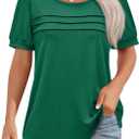 Womens Summer Short Sleeve Tops Pleated Shirts Crewneck Outfit Puff Sleeve Blouses Casual Tunic Blue Flower (Green, XL)