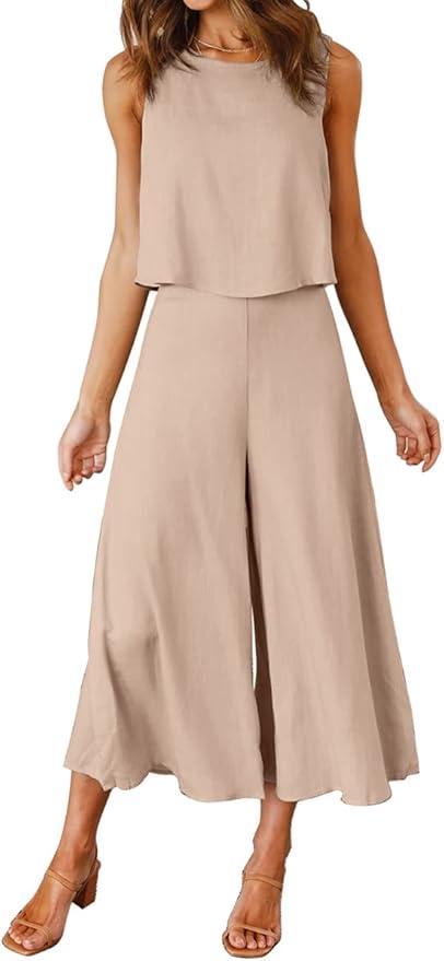 ROYLAMP Women's Summer 2 Piece Outfits Round Neck Crop Basic Top Cropped Wide Leg Pants Set Jumpsuits, XS