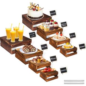 8 Pcs Buffet Risers with Mini Signs, Rustic Wood Cake Stands, Food Risers for Buffet Table, Dessert Display Stand, Wood Crates, Rustic Cake Stand for Party, Wedding, Birthday, Baby Shower, 4 Sizes