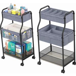 3-Tier Baby Diaper Caddy Organizer and Storage Cart, Mobile Metal Utility Cart with Rolling Wheels for Nursery Essentials with 4+2 Dividers, Large Capacity Rolling Cart For Bedroom, Bathroom, Nursery (Gray)