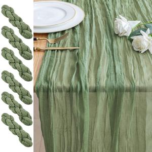 6PCS Table Runner Cheesecloth 10FT Sage Green Boho Gauze Cheese Cloth Rustic Sheer Table Runners for Wedding Bridal Baby Shower Party Decoration (6 Pack)